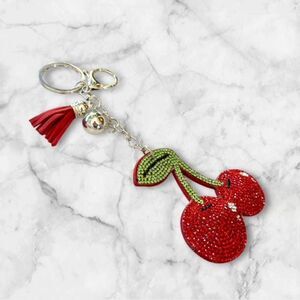 Sparkling Cherry Keychain With Rhinestones And Tassel